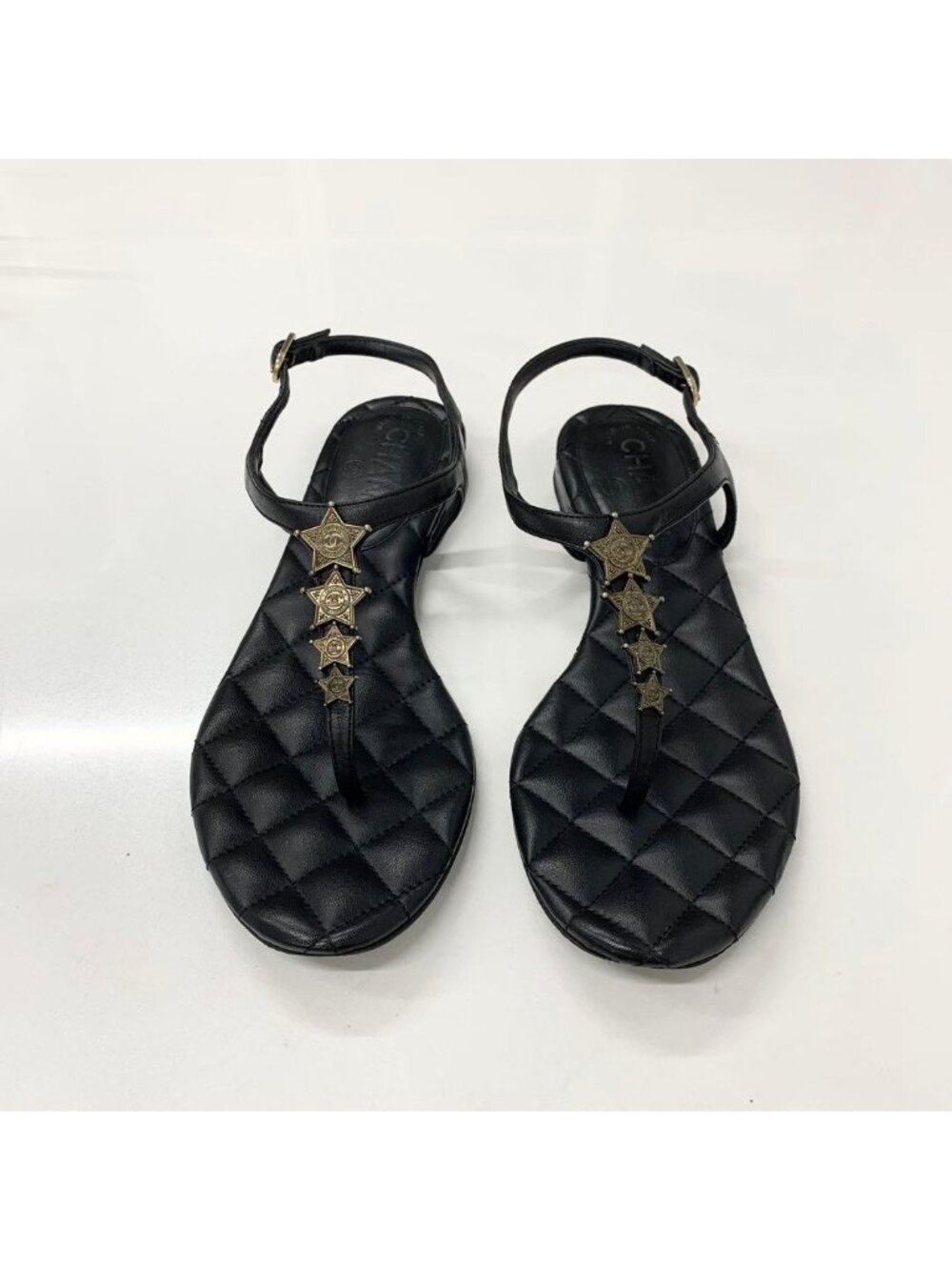 Chanel CC Logo Star Quilted Leather Thong Sandals Black - Picture 2 of 10
